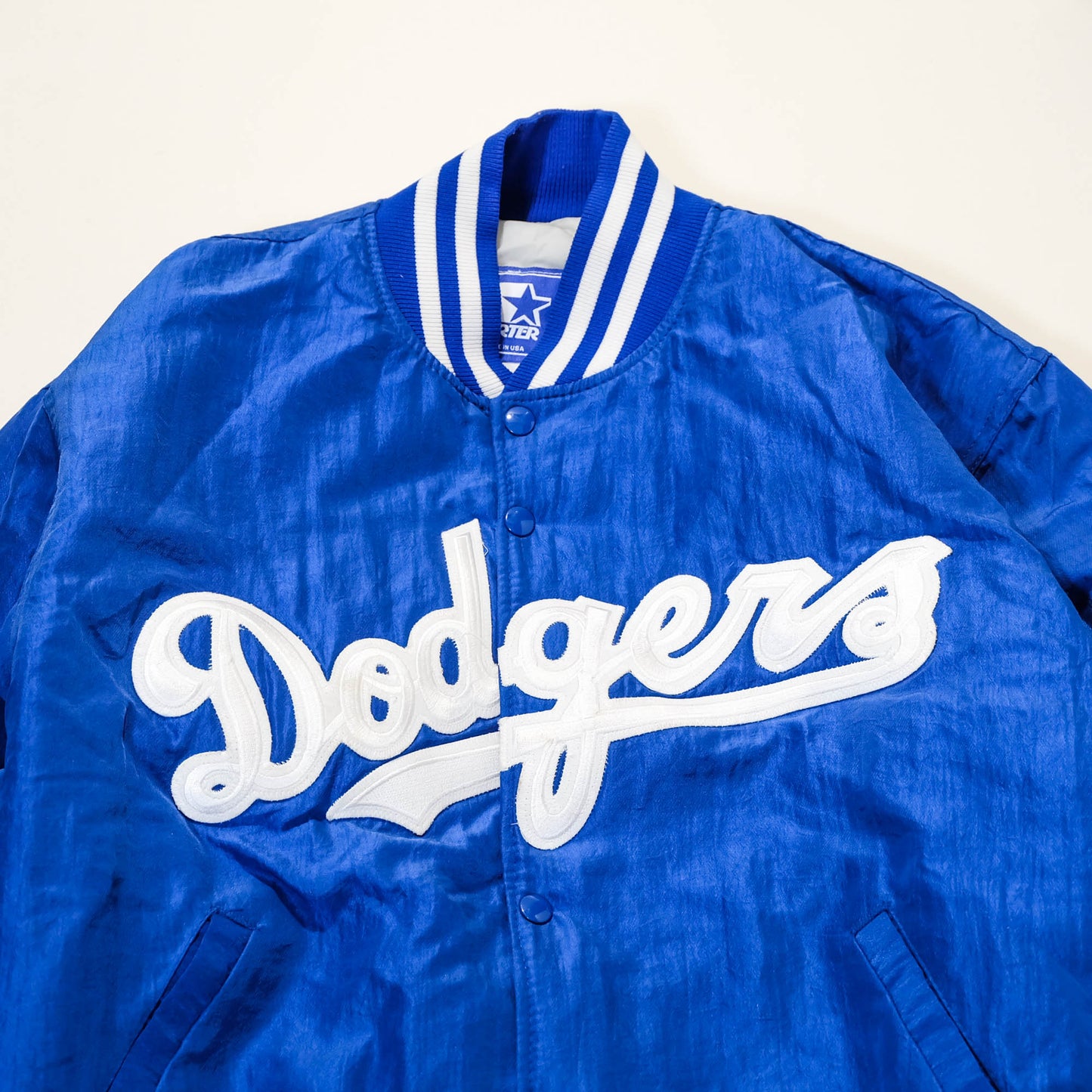 Starter Dodgers Vintage Satin Varsity Jacket | MLB Baseball Bomber Jacket Blue Stadium Jacket Made USA Size L