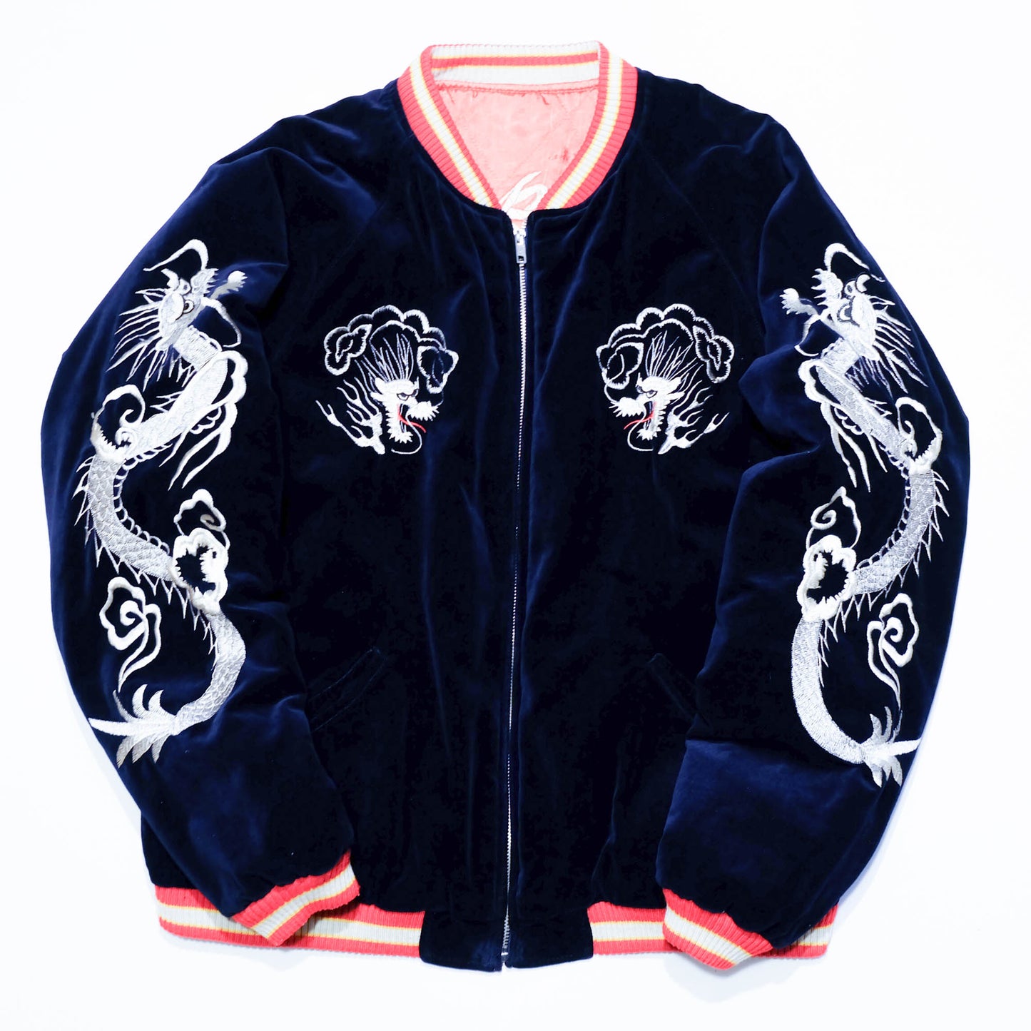 Japanese Velvet Padded Sukajan Reversible Yokosuka Bomber Jacket Dragon & Skull Embroidery Size M
