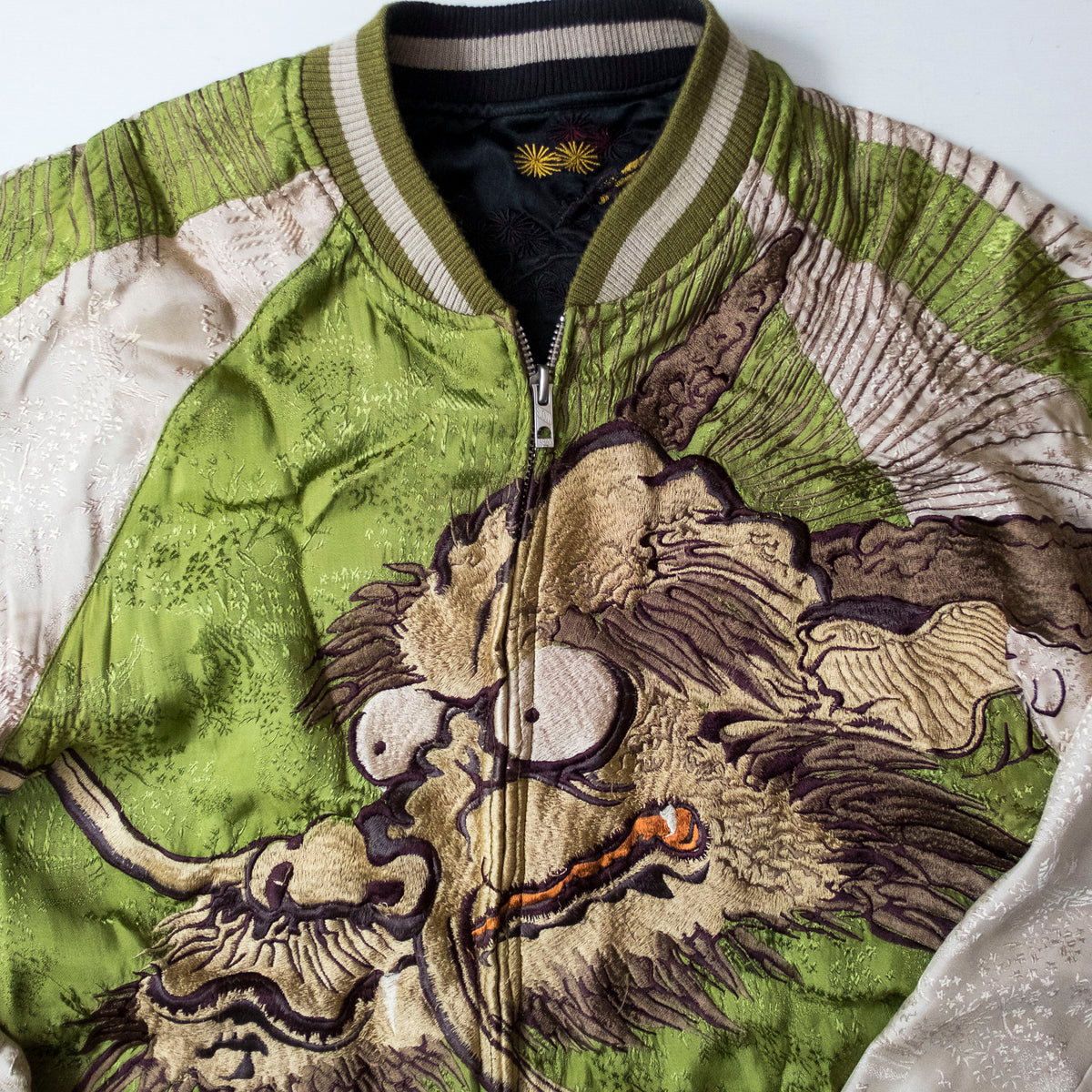 Samurai Ukiyo-e Dragon Reversible Sukajan Jacket Size L | Japanese Nihonga Inspired Souvenir Bomber