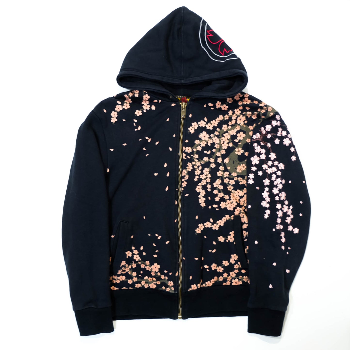 Elegant Japanese Streetwear Hoodie with Cascading Sakura Branch Embroidery, Falling Petals and Wagara-Inspired Floral Art