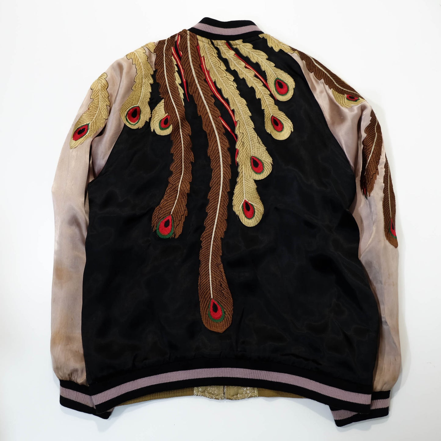 Vintage-Inspired Wagara Embroidered Jacket Featuring Majestic Kujaku Peacock Feathers, Phoenix Bird & Traditional Japanese Textile Art
