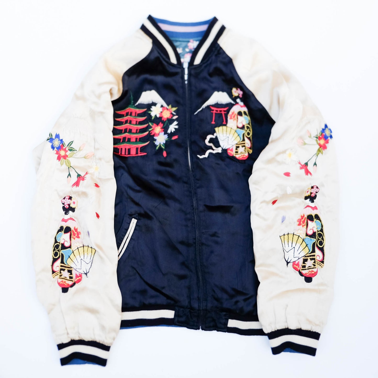 Japanese Sukajan Souvenir Jacket – Koi Carp, Sakura & Japan Map Reversible Embroidered Bomber Jacket
