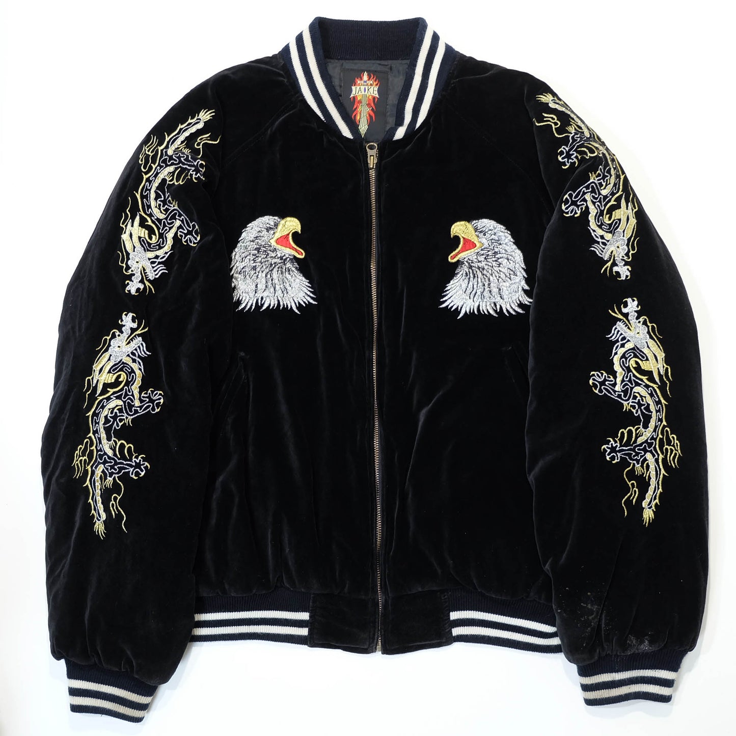 Rare Japanese Velvet Bomber Jacket Featuring Twin Dragons, Eagle & Yokosuka Souvenir Artwork