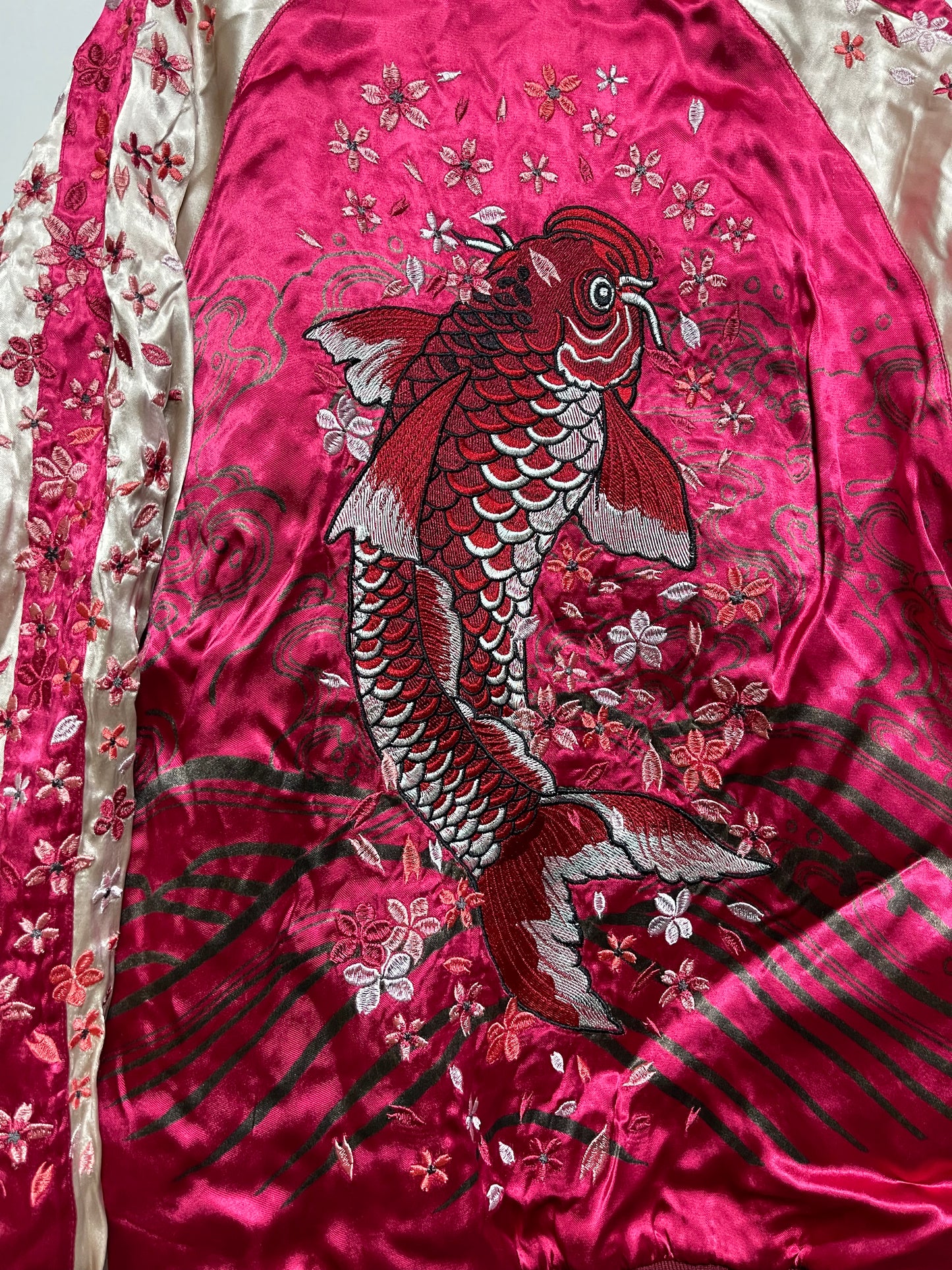 Super Rare Japanese Miyabi Musubi Rising Koi Fish Sakura Cherry Blossoms Hokusai Wave Embroidered Sukajan Souvenir Jacket ( Size: L )
