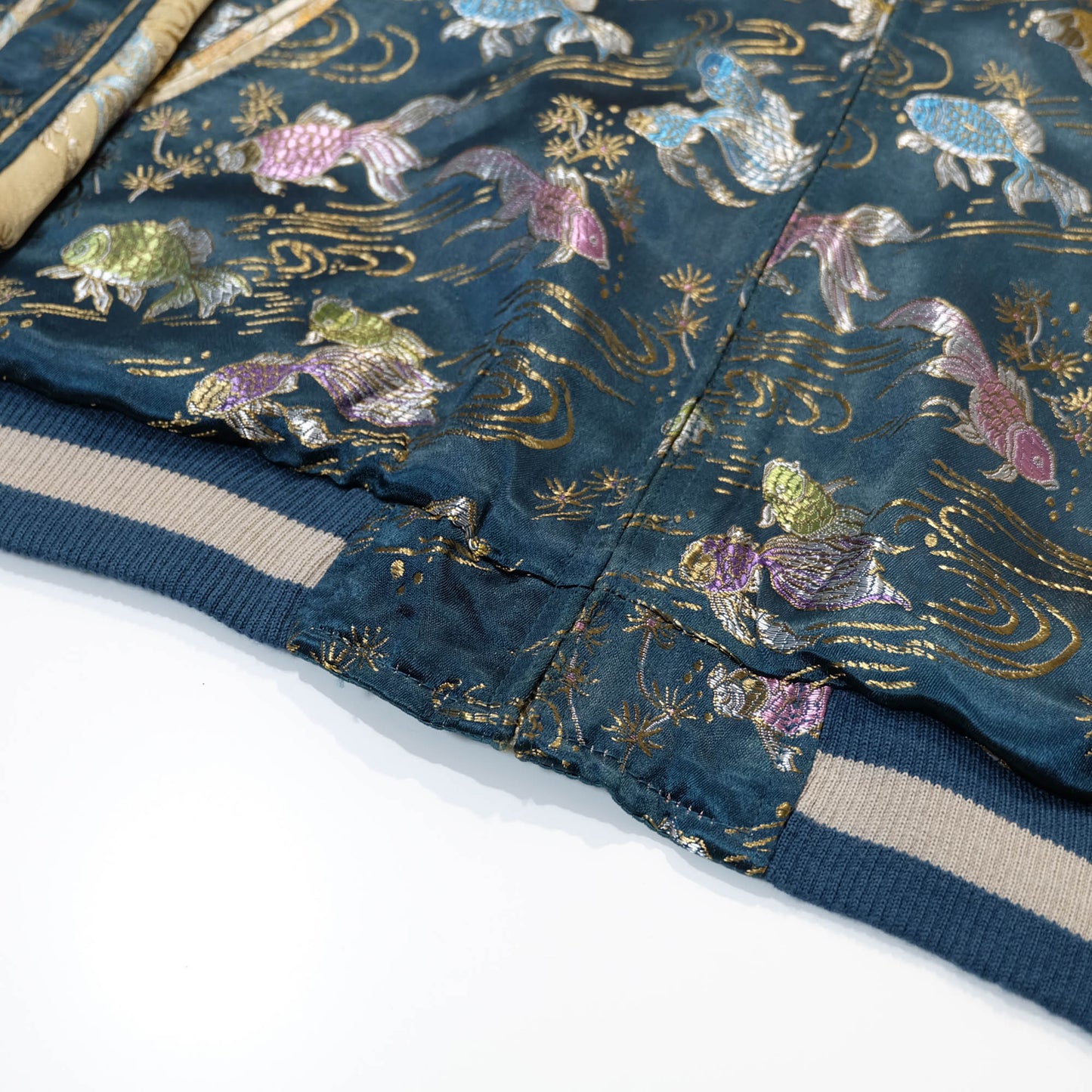 Elegant Japanese Embroidered Jacket Featuring Traditional Kingyo Goldfish, Water Ripples & Edo-Inspired Artwork