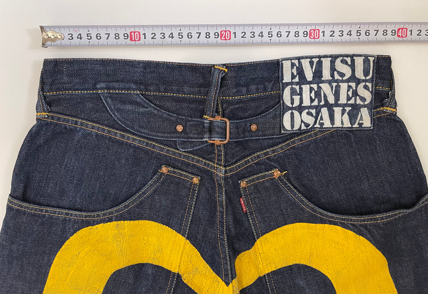 Japanese Amekaji Evisu Genes Osaka Kanji Yellow Paint Denim Jeans 33 x 35 in