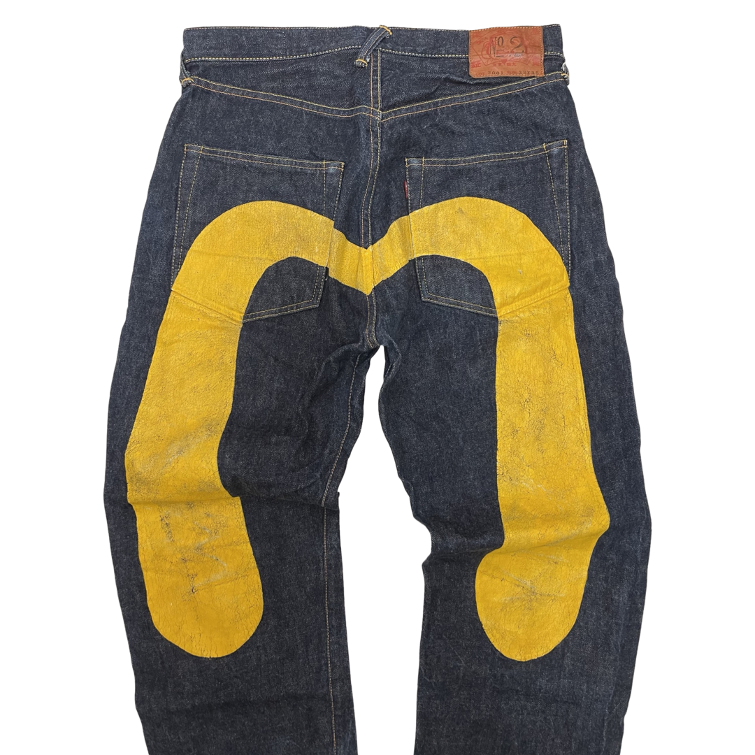 Japanese Amekaji Evisu Genes Osaka Yamane Yellow Paint Denim Jeans 33 x 35 in