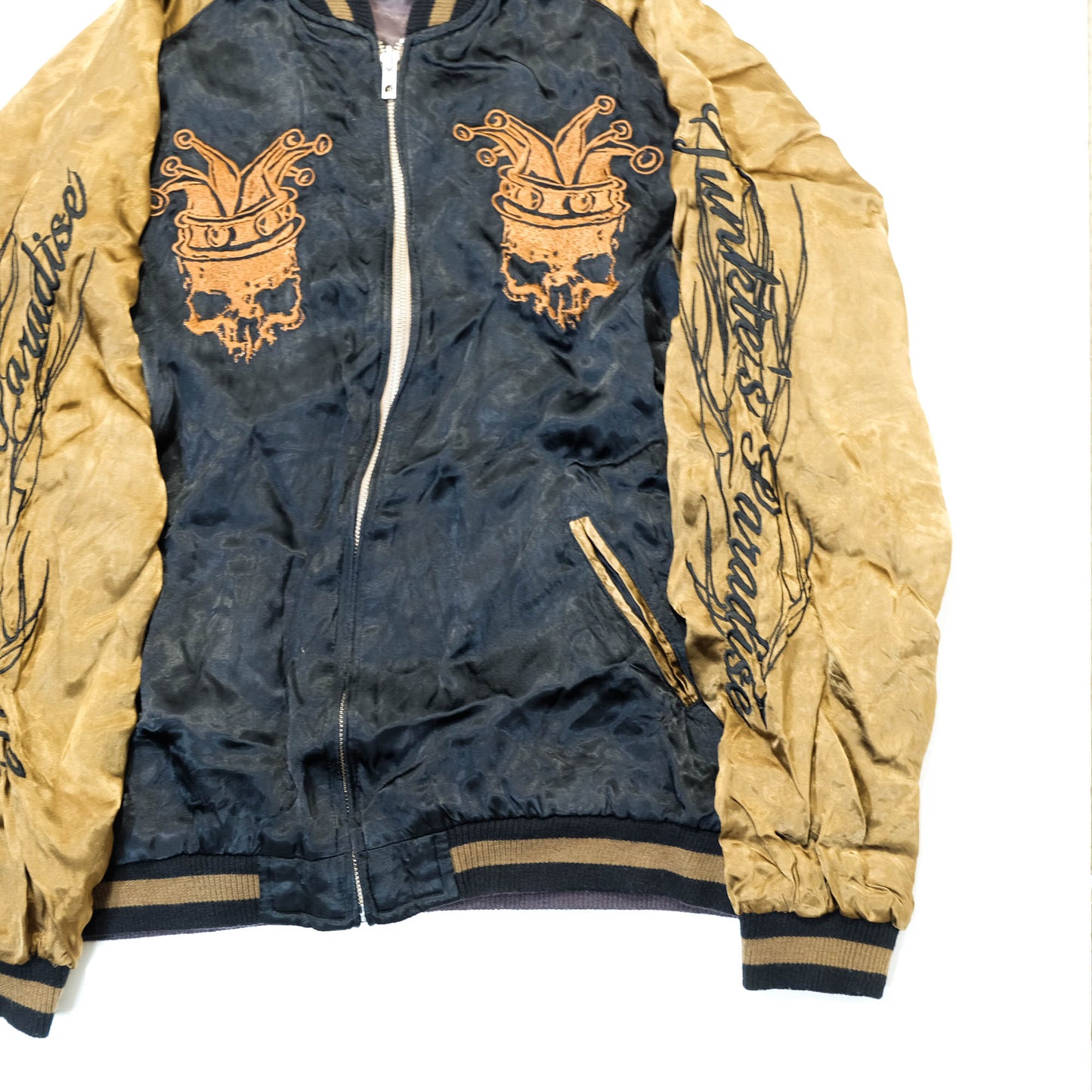 Junky’s Paradise Crown Skull Sukajan Jacket Black Gold Embroidered Japanese Rock Bomber Size L