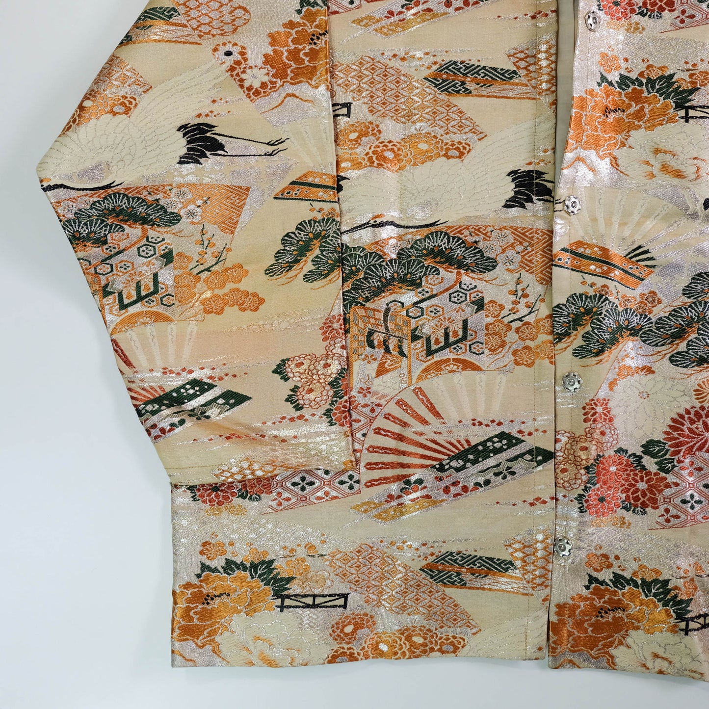 One-of-a-Kind Japanese Wagara Brocade Jacket with Tsuru Cranes, Sensu Fans, Pine, Chrysanthemum & Classical Geometric Motifs