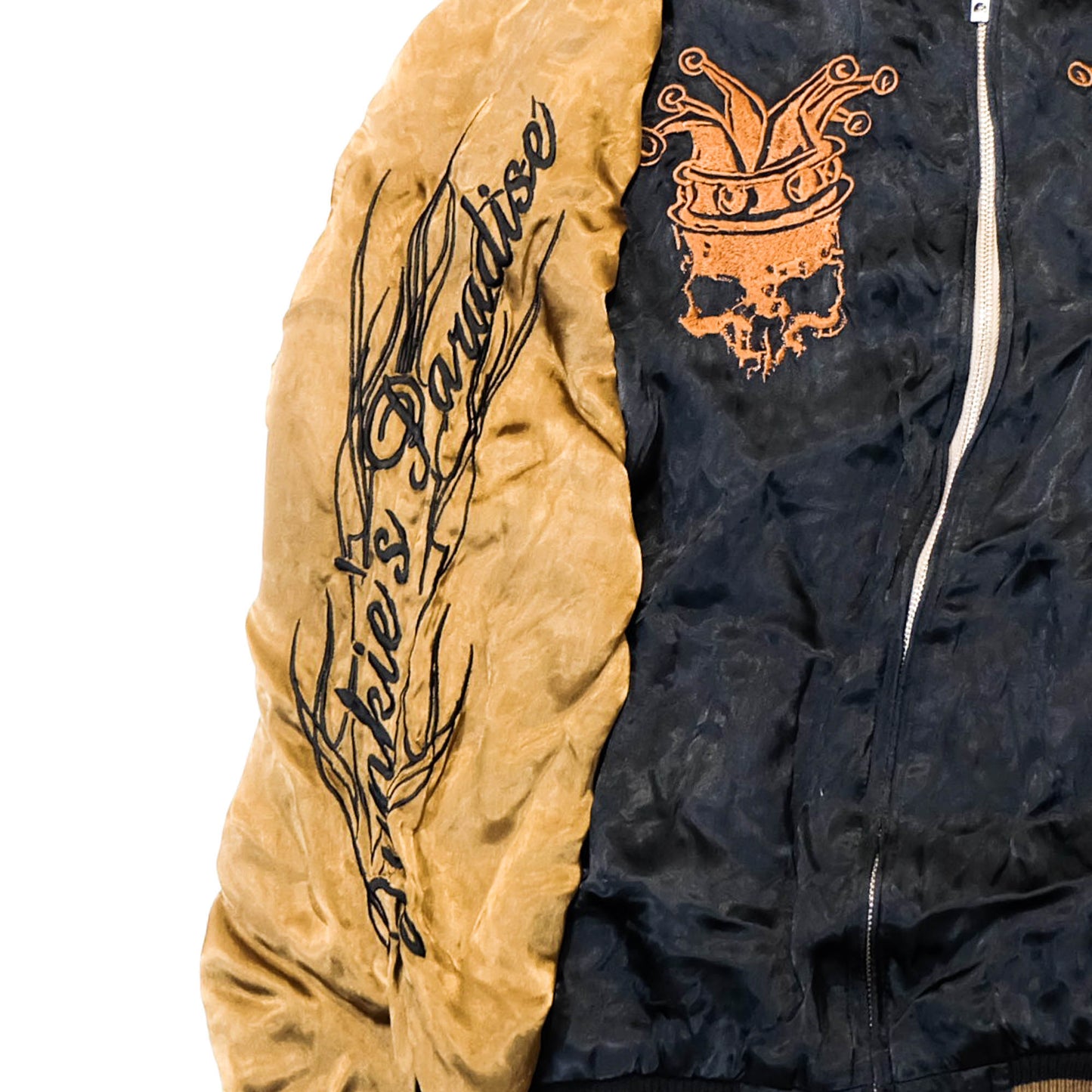 Junky’s Paradise Crown Skull Sukajan Jacket Black Gold Embroidered Japanese Rock Bomber Size L
