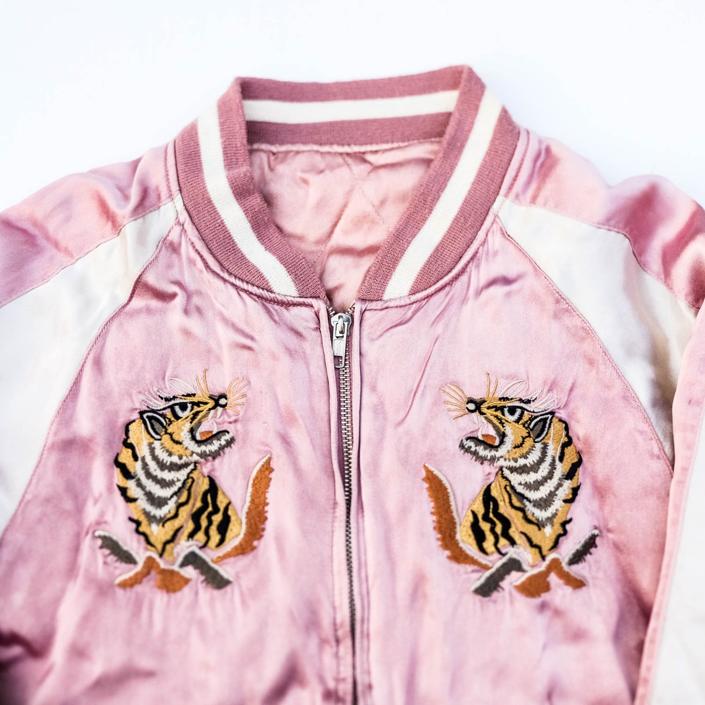 Iconic Japanese Pink Sukajan Embroidered Souvenir Bomber Jacket | Tiger & Mount Fuji Tattoo Art Jacket