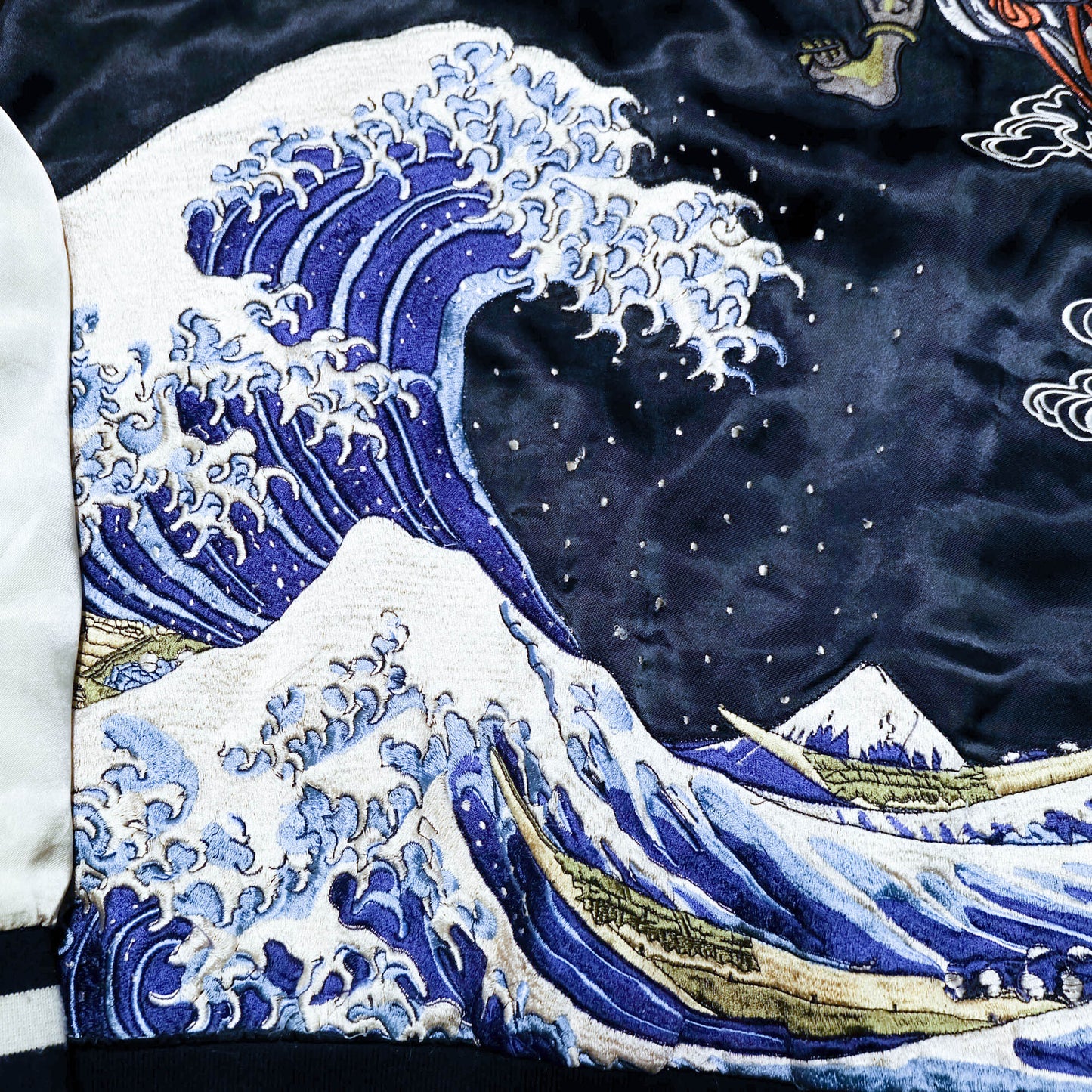 Rare Japanese Oni Wind & Thunder Gods × Great Wave Embroidered Rayon Souvenir Jacket
