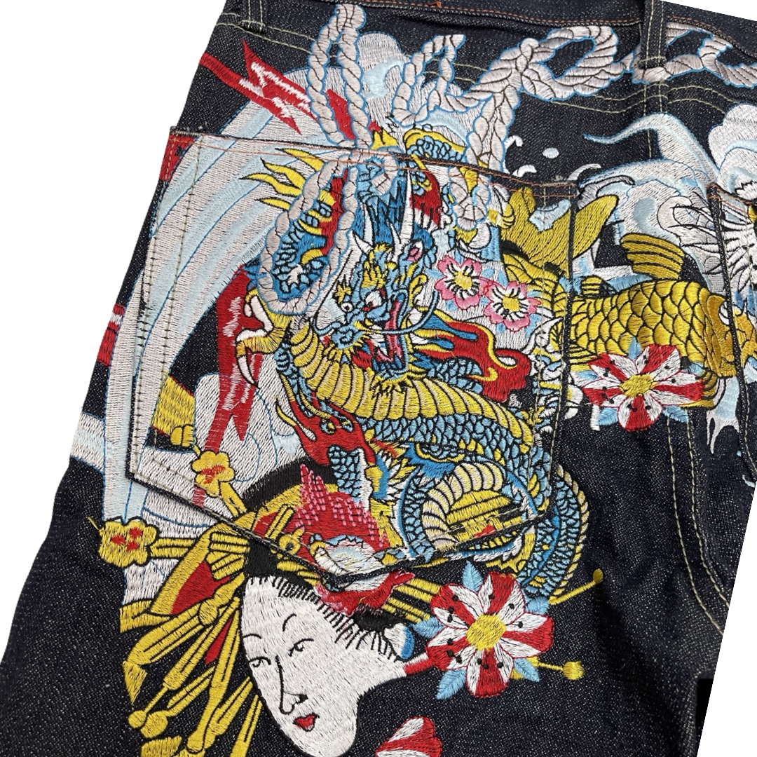 Dope Don Ed Hardy Japan Embroidered Geisha Tiger Denim Jeans 32 in