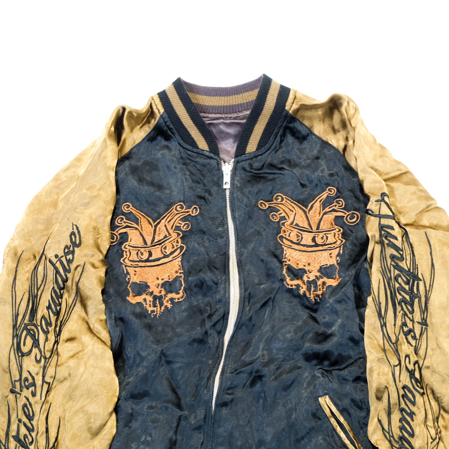 Junky’s Paradise Crown Skull Sukajan Jacket Black Gold Embroidered Japanese Rock Bomber Size L