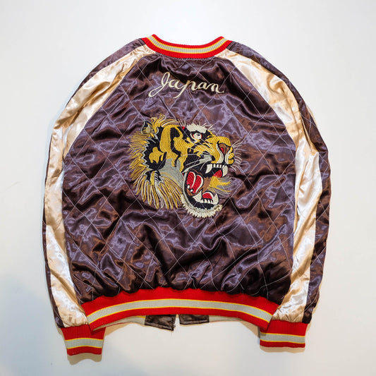 Brown Tiger × Dragon Embroidered Sukajan Jacket Japanese Souvenir Bomber Jacket M-L | Vintage Yokosuka Style Streetwear Wearable Art