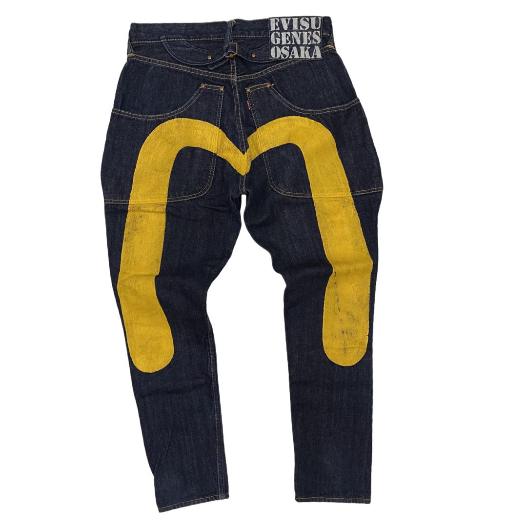 Japanese Amekaji Evisu Genes Osaka Kanji Yellow Paint Denim Jeans Japanese Amekaji Evisu Genes Osaka Kanji Yellow Paint Denim Jeans