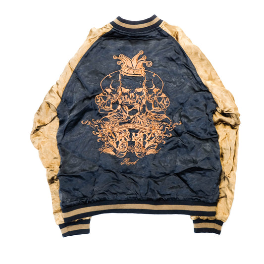 Junky’s Paradise Crown Skull Sukajan Jacket Black Gold Embroidered Japanese Rock Bomber Size L