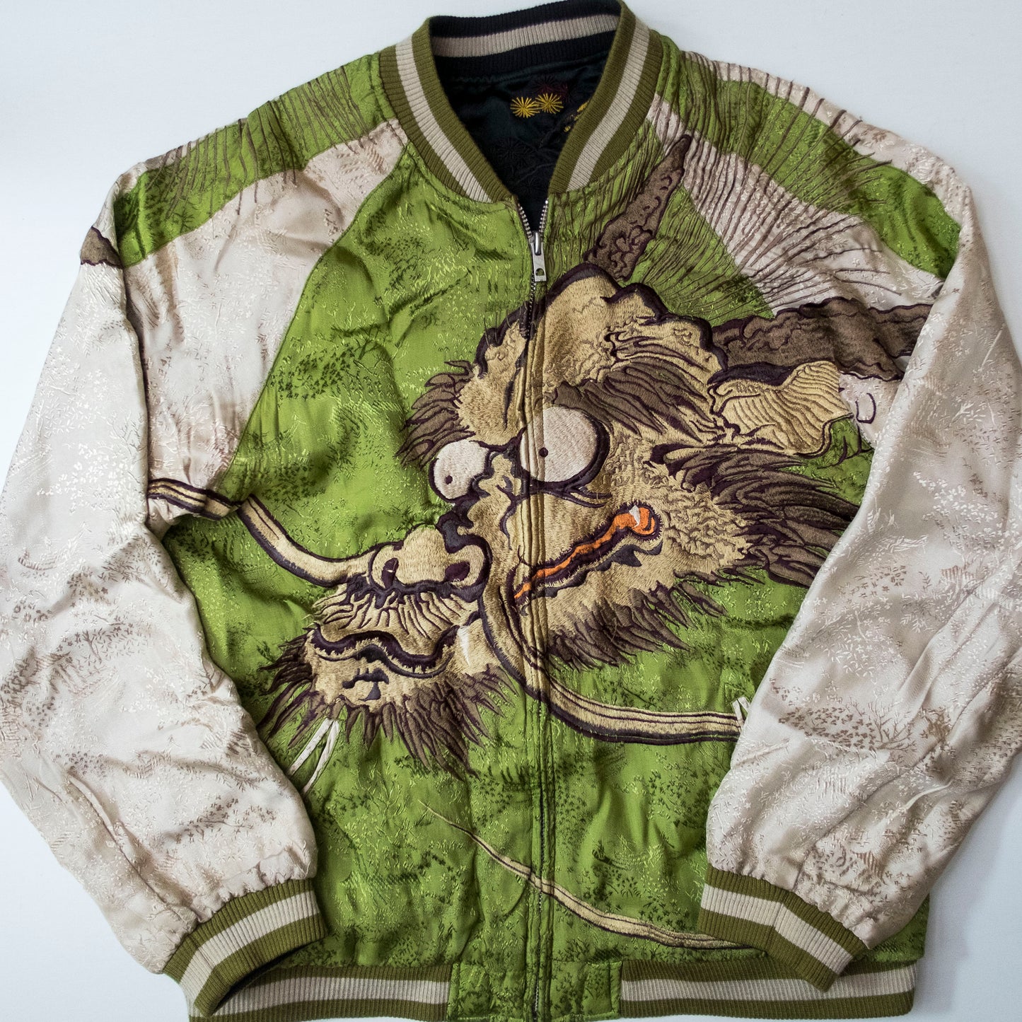 Samurai Ukiyo-e Dragon Reversible Sukajan Jacket Size L | Japanese Nihonga Inspired Souvenir Bomber