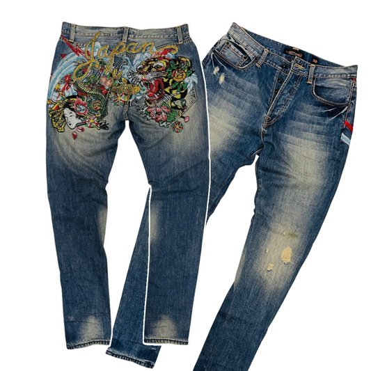 Holy Grail Ed hardy Rhinestones Japonican Japan Oiran Geisha Tiger Tattoo Art Design Denim Tapered Fit Jeans ( 32 in )