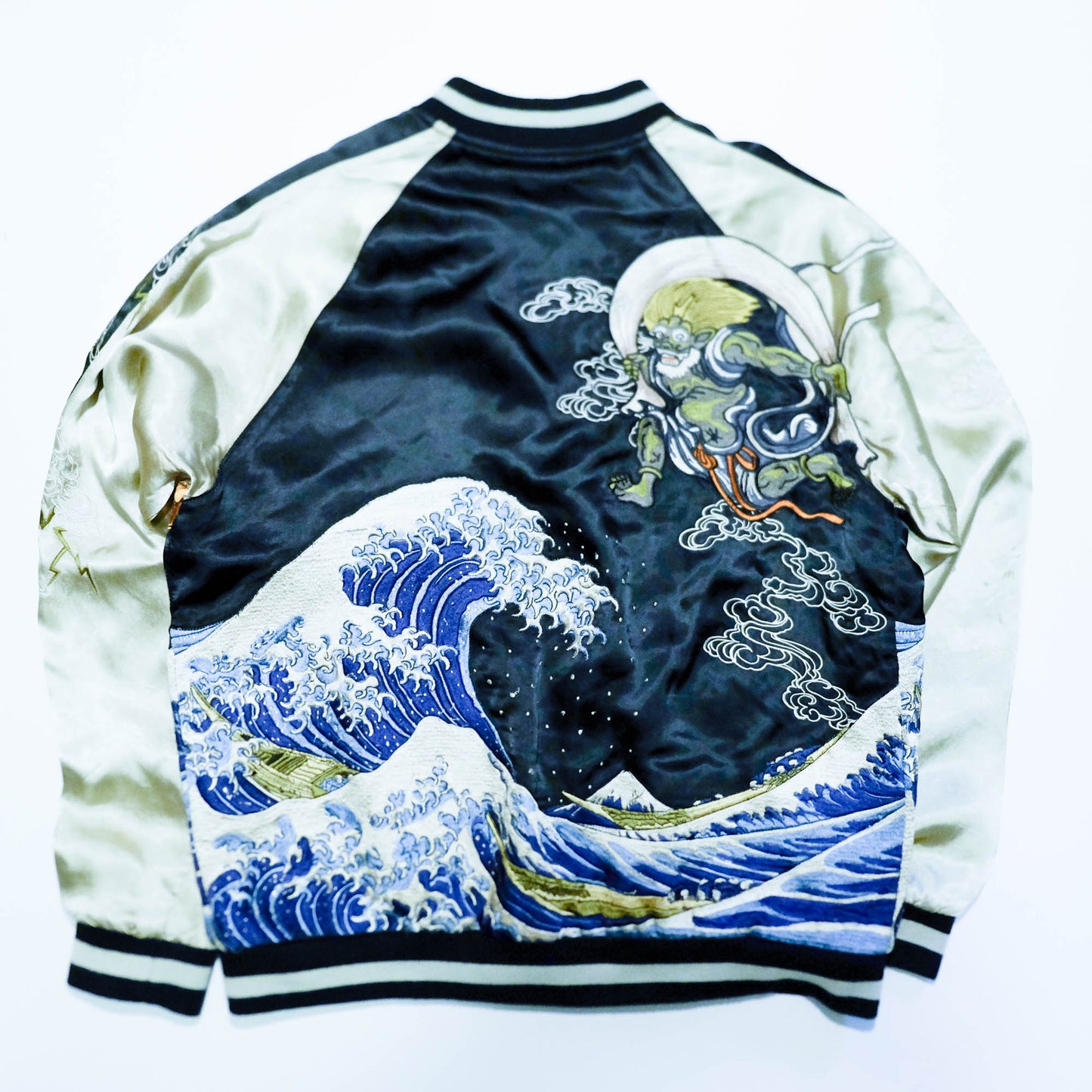 Rare Japanese Oni Wind & Thunder Gods × Great Wave Embroidered Rayon Souvenir Jacket