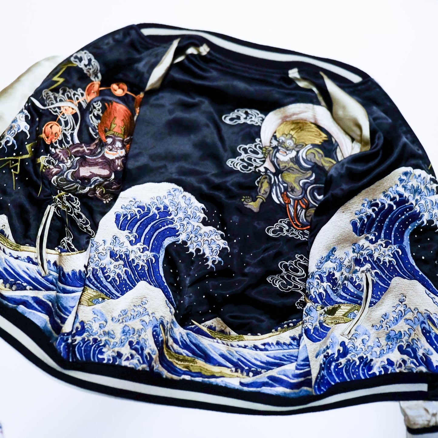 Rare Japanese Oni Wind & Thunder Gods × Great Wave Embroidered Rayon Souvenir Jacket