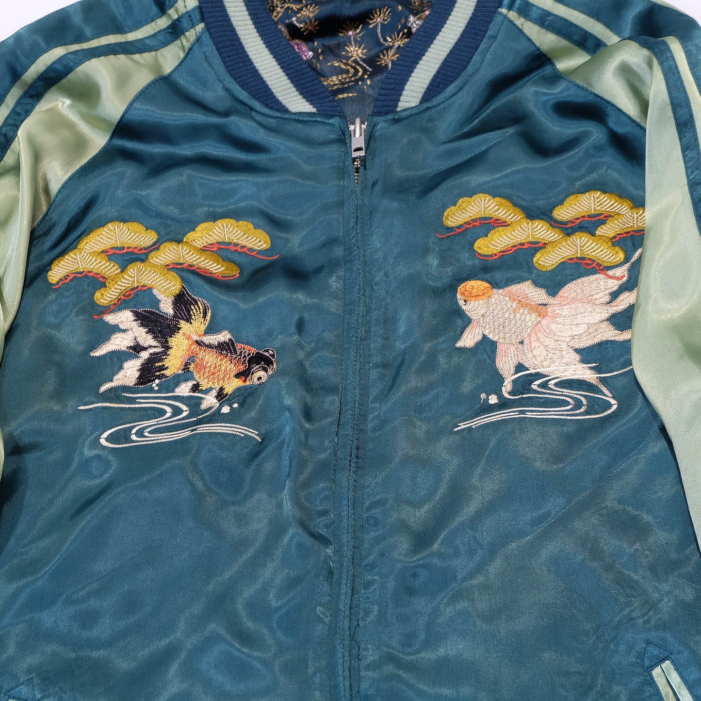 Elegant Japanese Embroidered Jacket Featuring Traditional Kingyo Goldfish, Water Ripples & Edo-Inspired Artwork