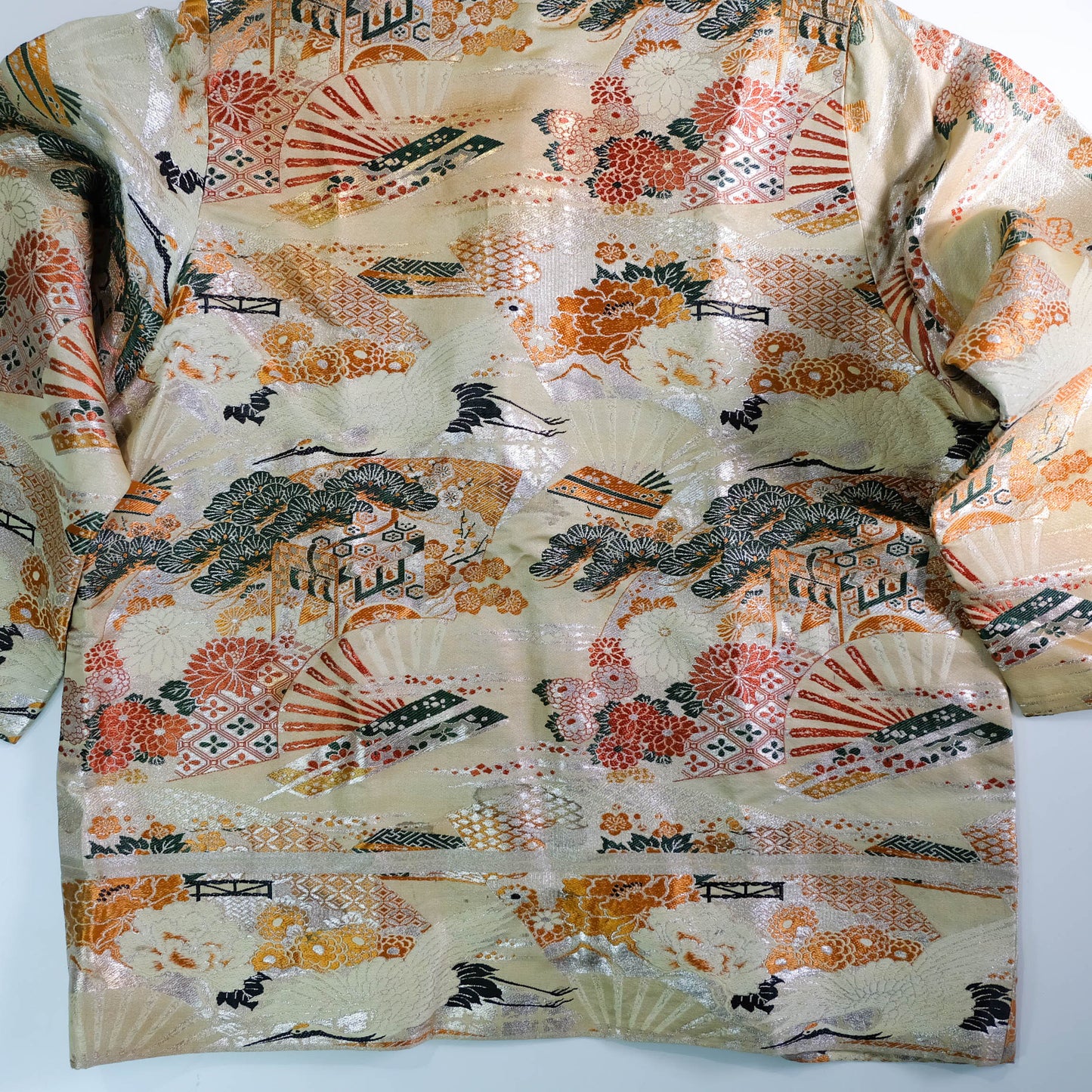 One-of-a-Kind Japanese Wagara Brocade Jacket with Tsuru Cranes, Sensu Fans, Pine, Chrysanthemum & Classical Geometric Motifs