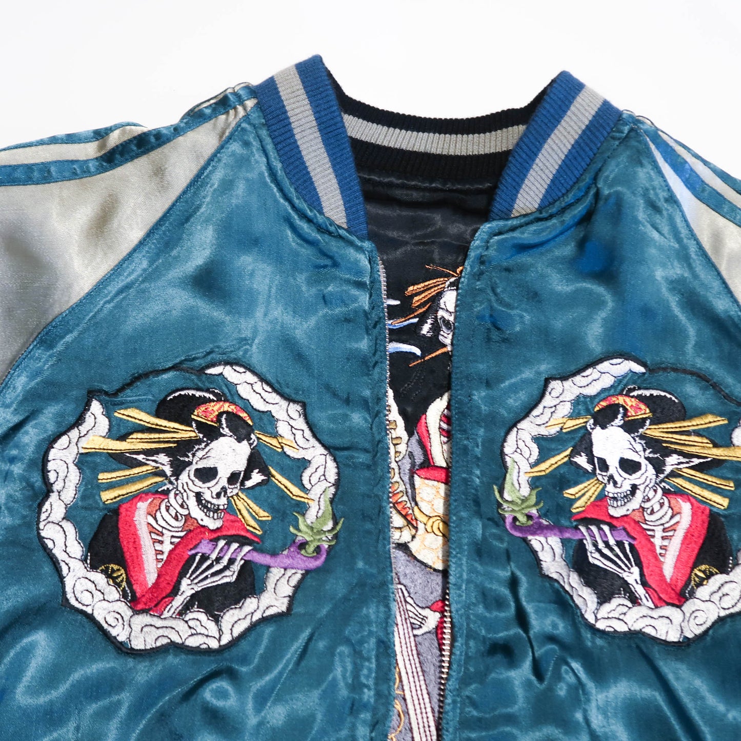Skeleton Geisha Shamisen Sukajan Jacket | Japanese Punk Rockabilly Embroidered Souvenir Bomber Jacket