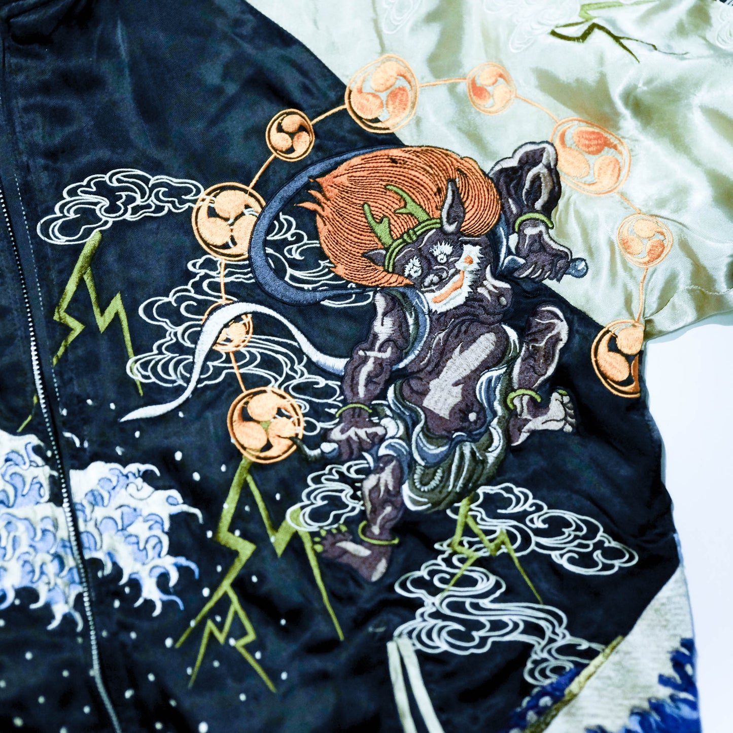 Rare Japanese Oni Wind & Thunder Gods × Great Wave Embroidered Rayon Souvenir Jacket