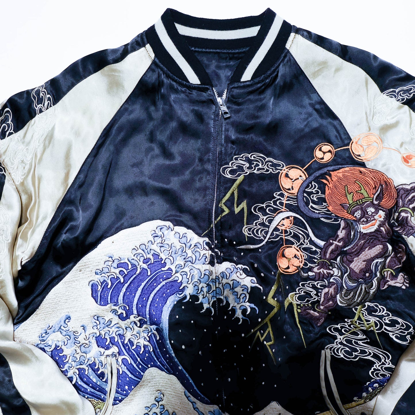 Rare Japanese Oni Wind & Thunder Gods × Great Wave Embroidered Rayon Souvenir Jacket