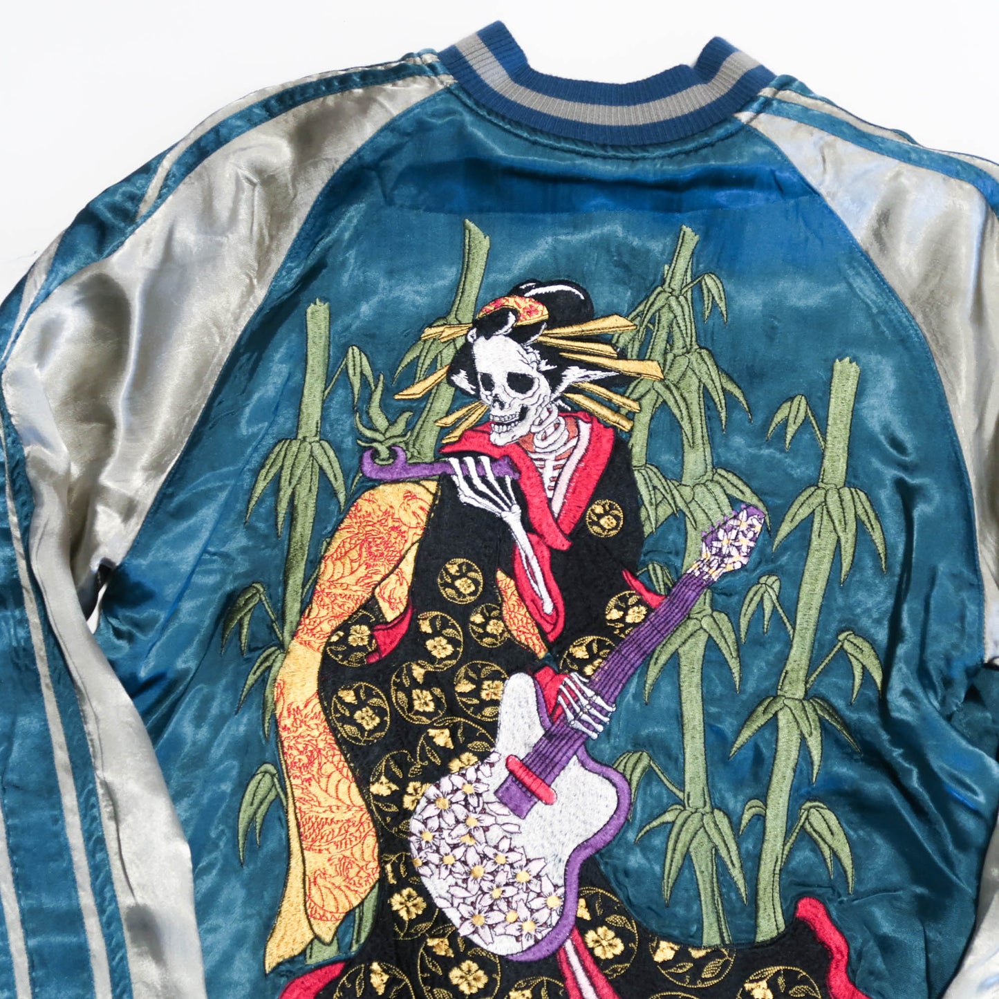 Skeleton Geisha Shamisen Sukajan Jacket | Japanese Punk Rockabilly Embroidered Souvenir Bomber Jacket