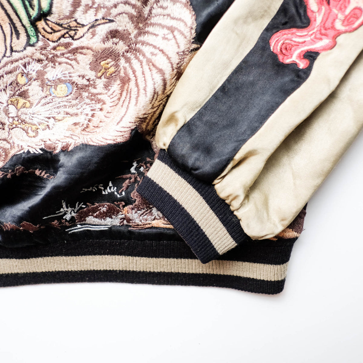 Shōki Demon Slayer & Flaming Tiger Reversible Sukajan Jacket Size L | Japanese Embroidered Souvenir Bomber