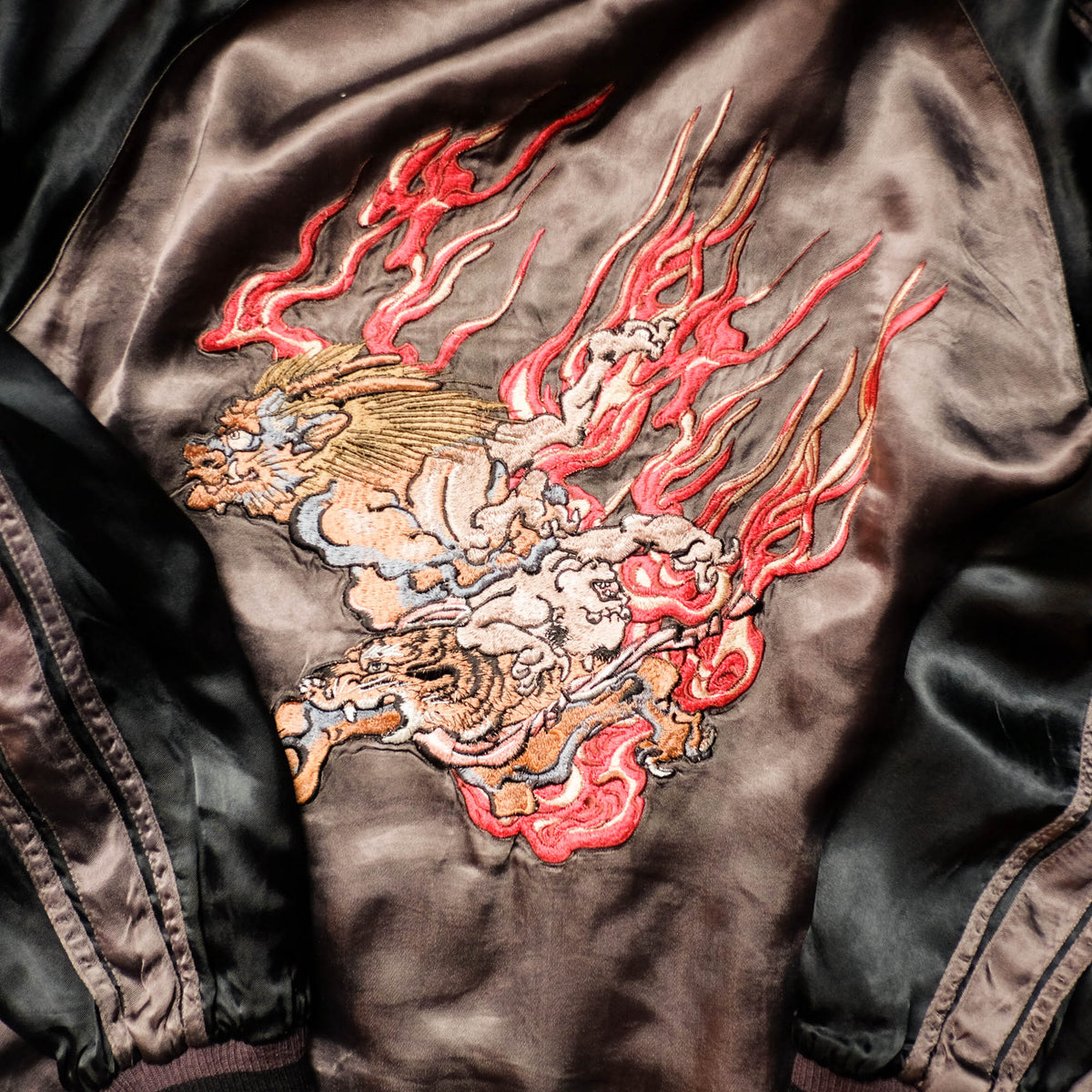 Shōki Demon Slayer & Flaming Tiger Reversible Sukajan Jacket Size L | Japanese Embroidered Souvenir Bomber