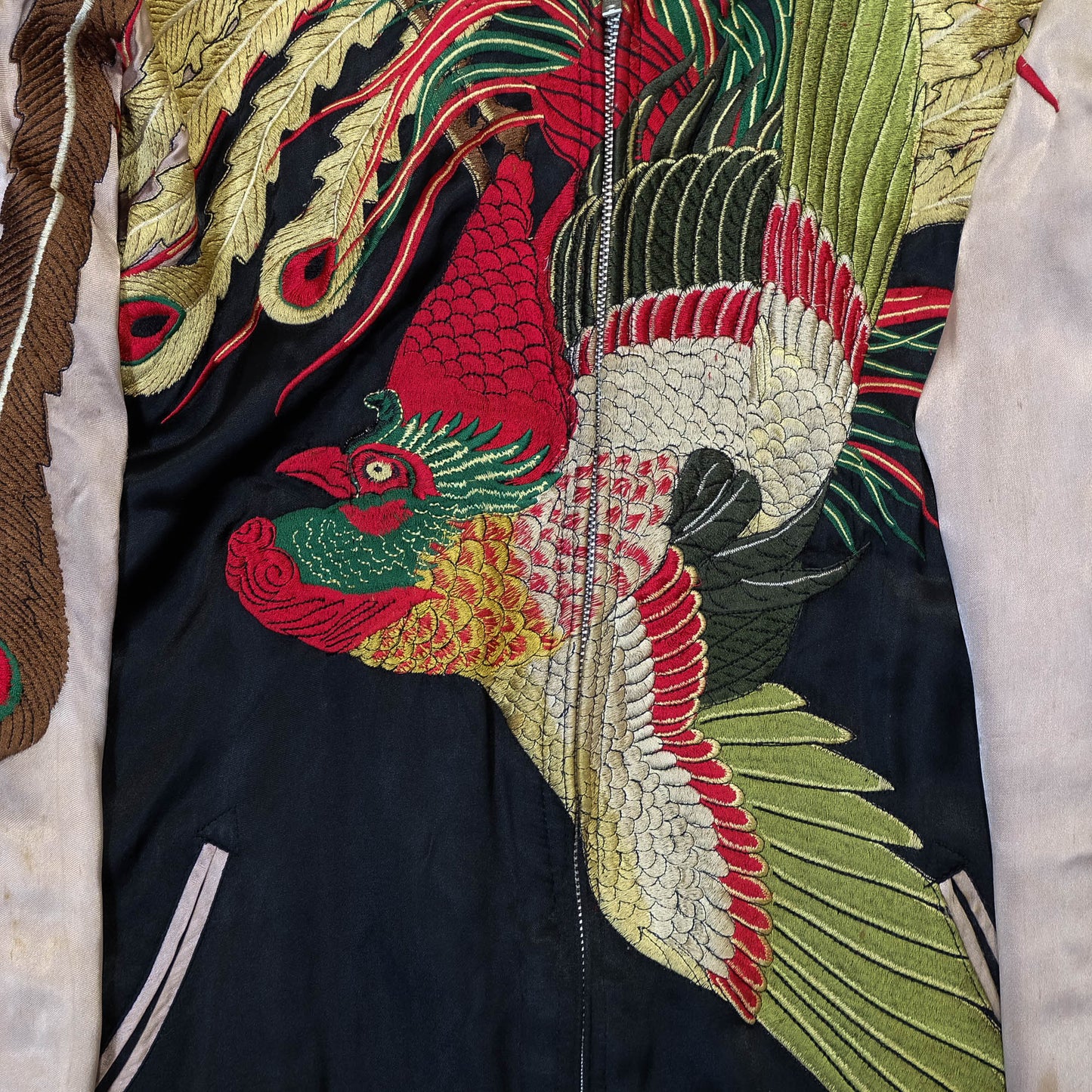 Vintage-Inspired Wagara Embroidered Jacket Featuring Majestic Kujaku Peacock Feathers, Phoenix Bird & Traditional Japanese Textile Art