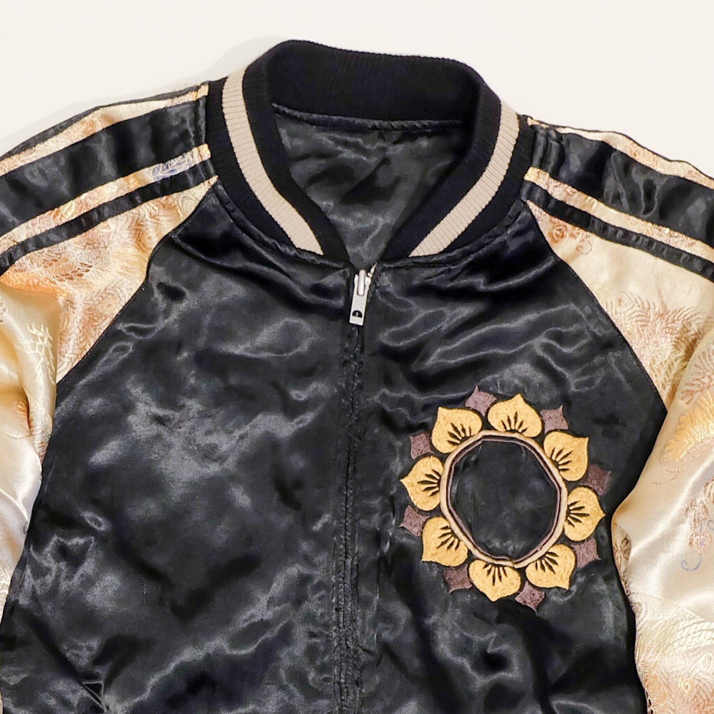Ryu-Oh Reversible Koi Fish Sukajan Jacket Size L Vintage Japanese Souvenir Bomber | Rising Koi Tattoo Art, Lotus Crest & Brocade Sleeve Wearable Art