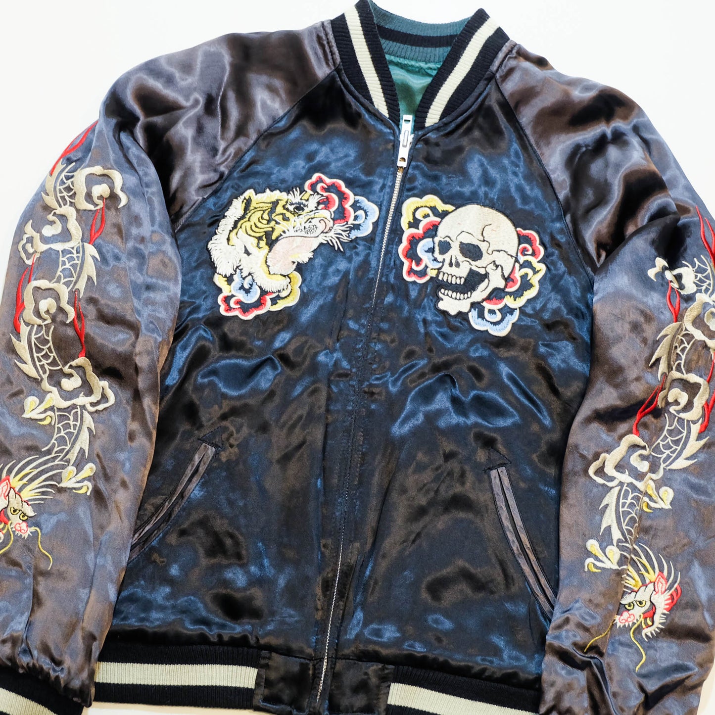 Vintage Japanese Sukajan Jacket Velvet Bomber | Skull Tiger Dragon Hot Rod Embroidery Streetwear Jacket Size S-M