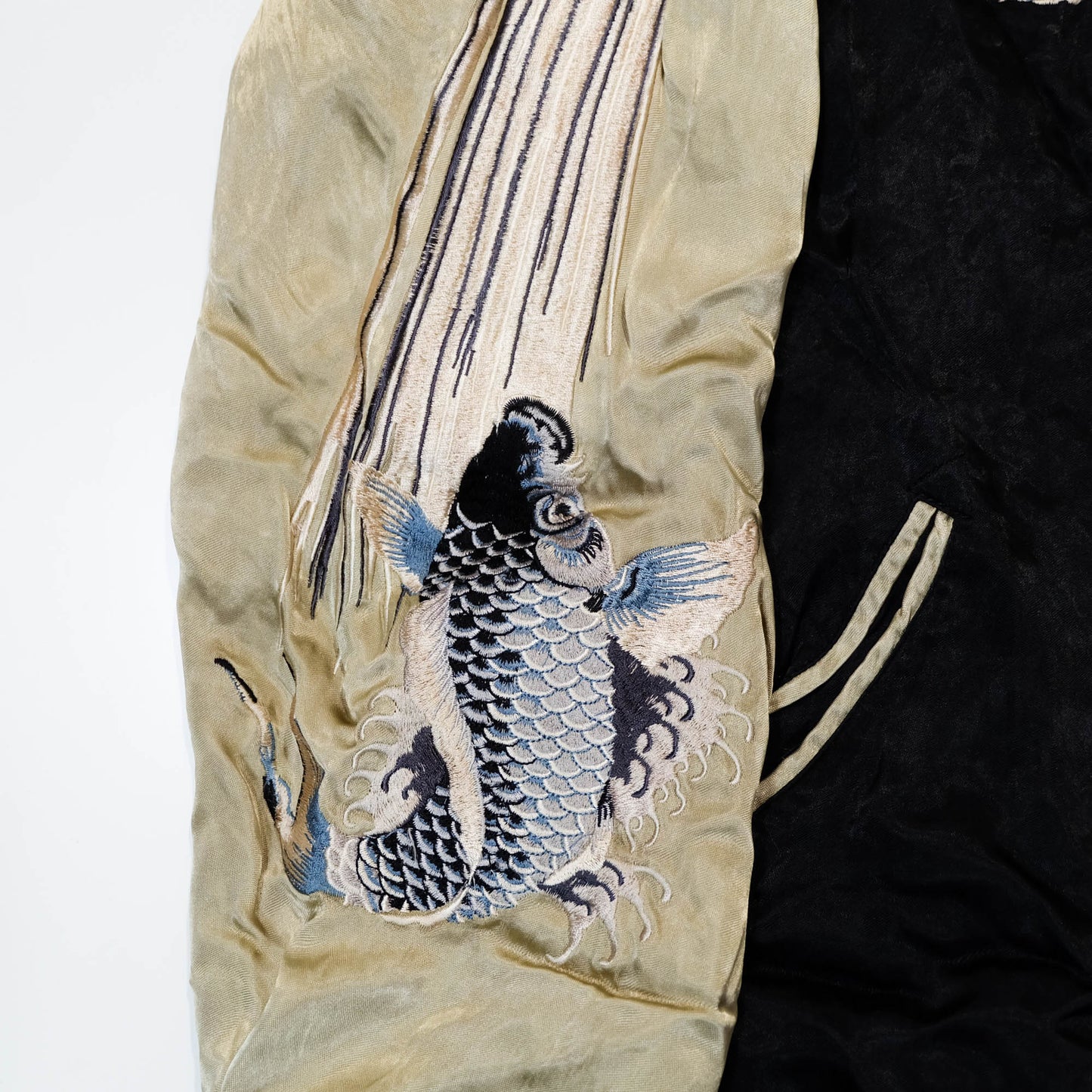 Traditional Japanese Koi Fish Wagara Embroidery Jacket Featuring Dynamic Water Motif & Vintage Yokosuka Style