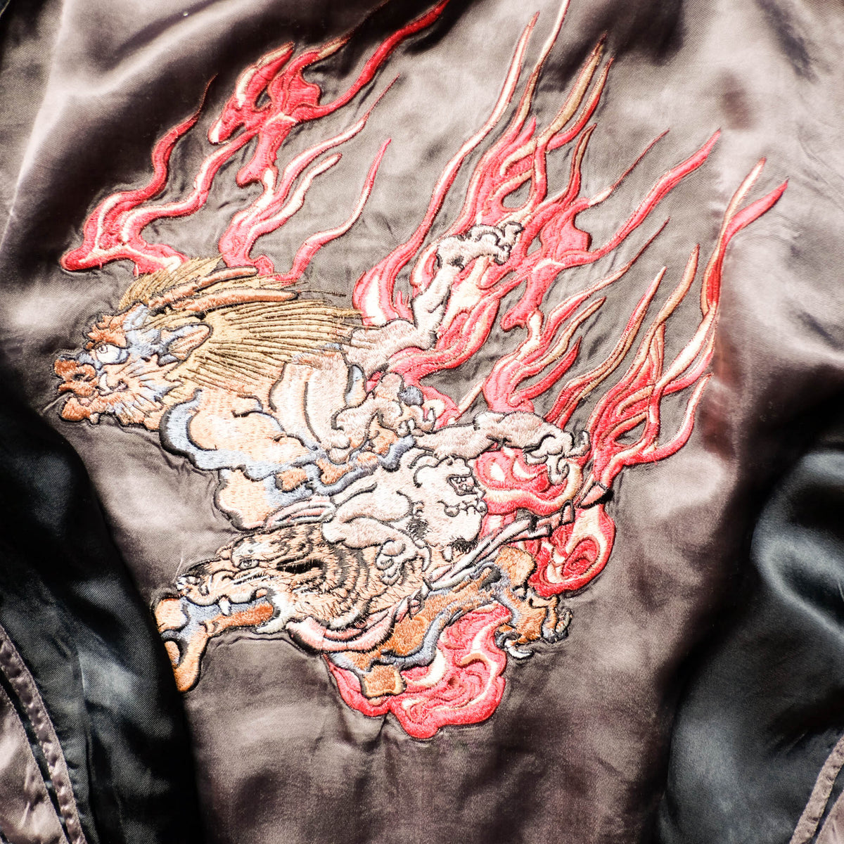 Shōki Demon Slayer & Flaming Tiger Reversible Sukajan Jacket Size L | Japanese Embroidered Souvenir Bomber