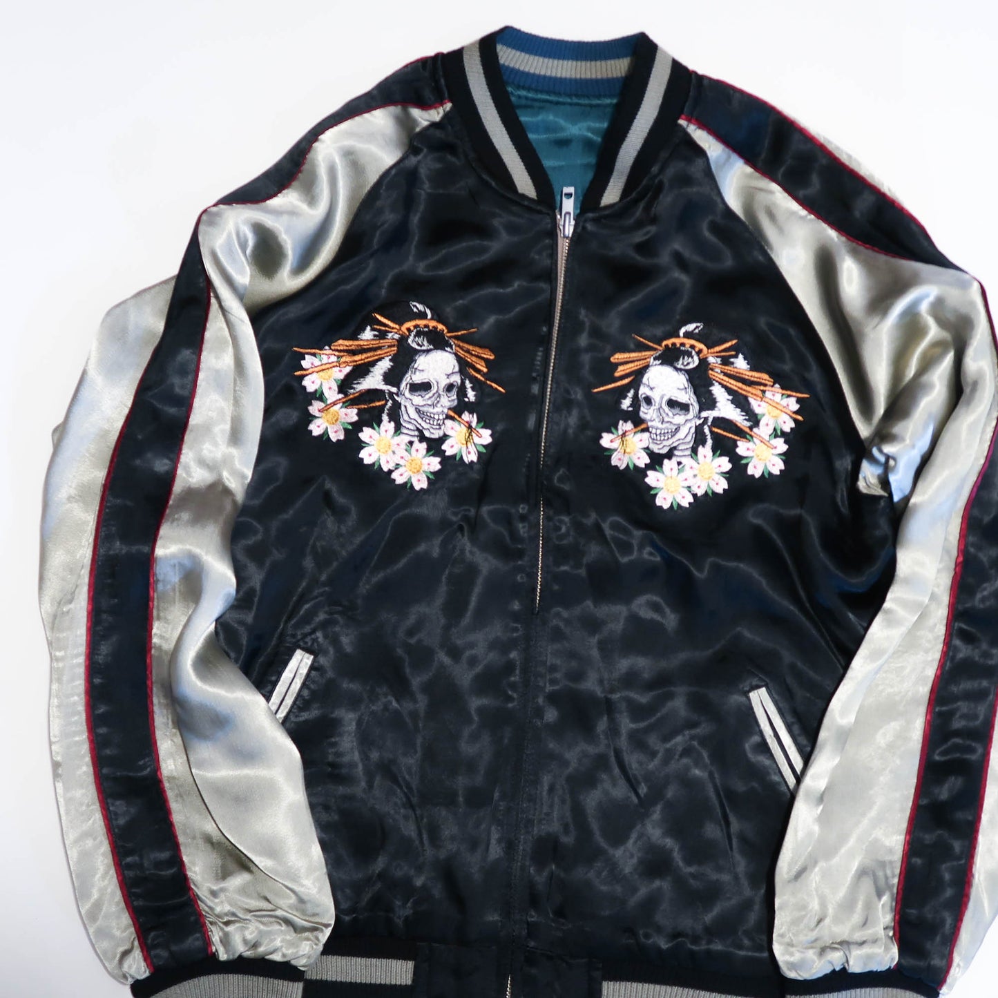 Skeleton Geisha Shamisen Sukajan Jacket | Japanese Punk Rockabilly Embroidered Souvenir Bomber Jacket