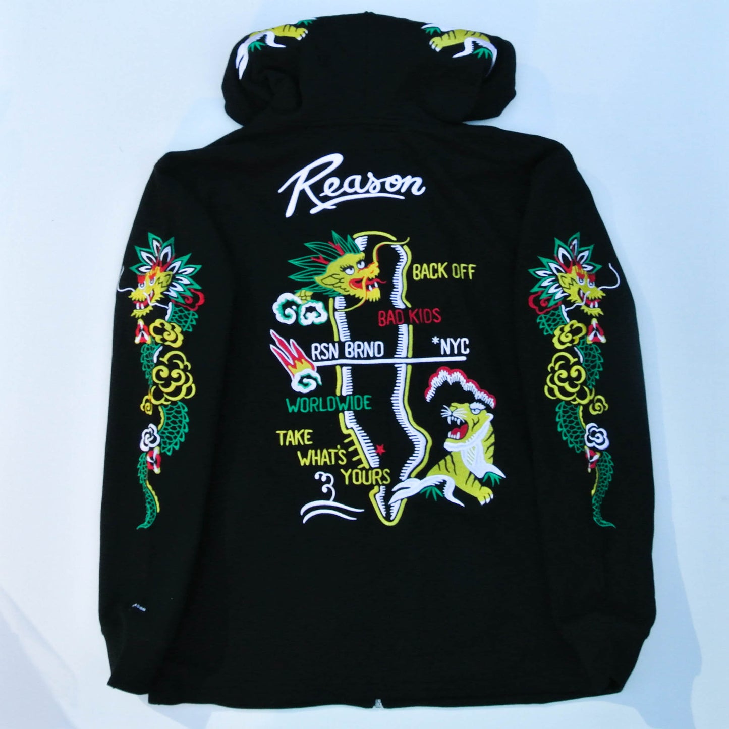 Reason Dragonland Reborn Hoodie Jacket | Japanese Embroidered Tiger & Dragon Sukajan Inspired Streetwear Hoodie Size M