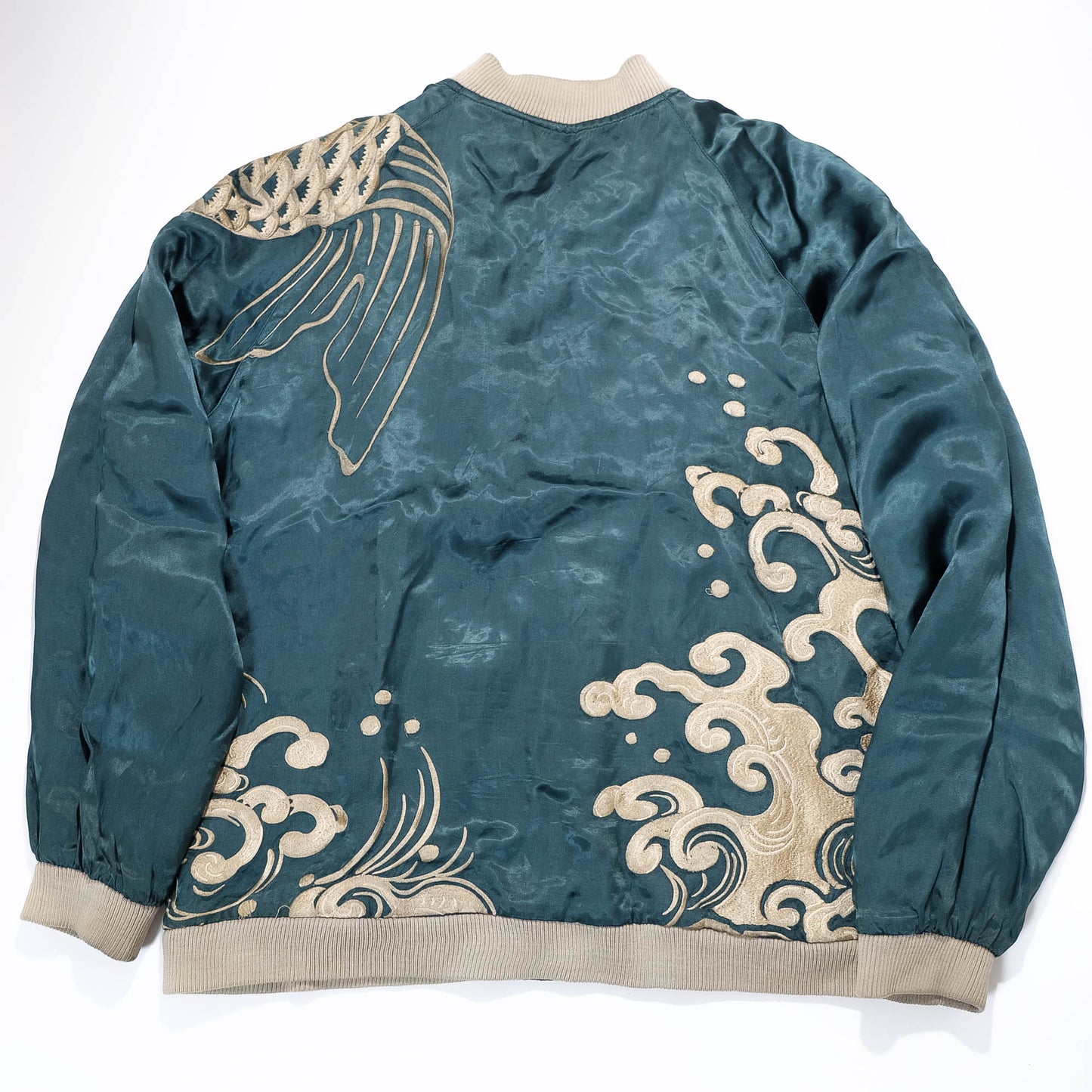 Japanese Sukajan Jacket XL Dragon & Koi Carp Water Wave Embroidery Reversible Yokosuka Bomber