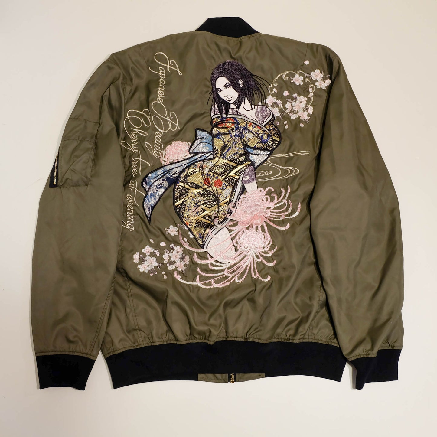 Japanese DIVINE RETRIBUTION Oiran Beauty Cherry Blossom Embroidered MA-1 Bomber Jacket XL