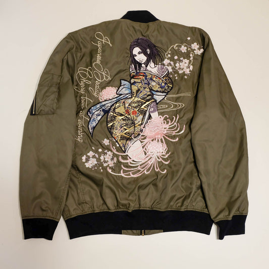 Japanese DIVINE RETRIBUTION Oiran Beauty Cherry Blossom Embroidered MA-1 Bomber Jacket XL