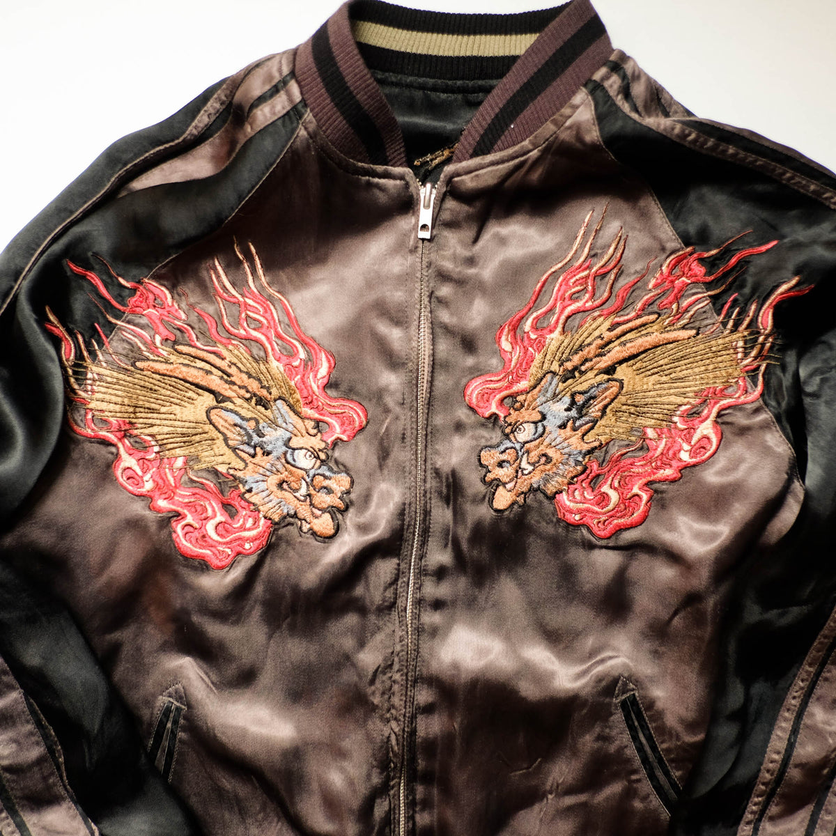Shōki Demon Slayer & Flaming Tiger Reversible Sukajan Jacket Size L | Japanese Embroidered Souvenir Bomber