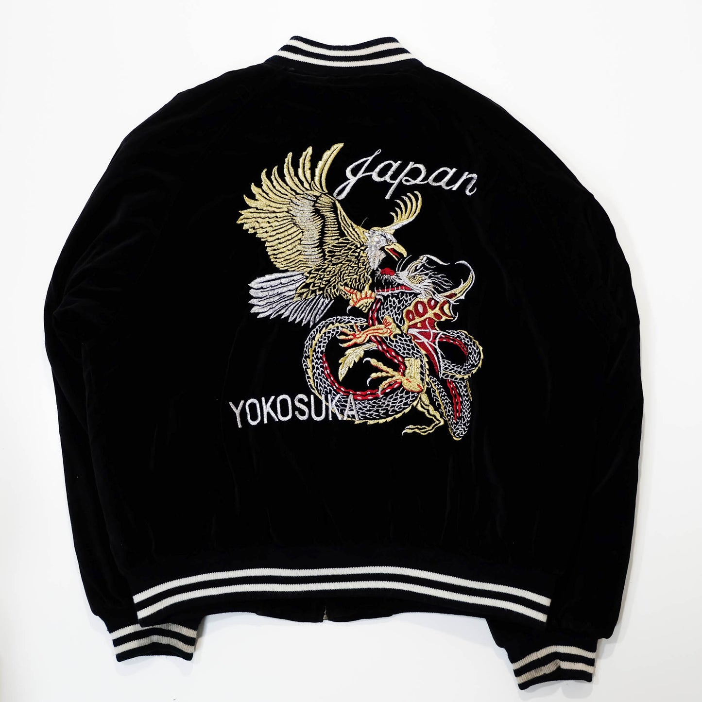 Rare Japanese Velvet Bomber Jacket Featuring Twin Dragons, Eagle & Yokosuka Souvenir Artwork