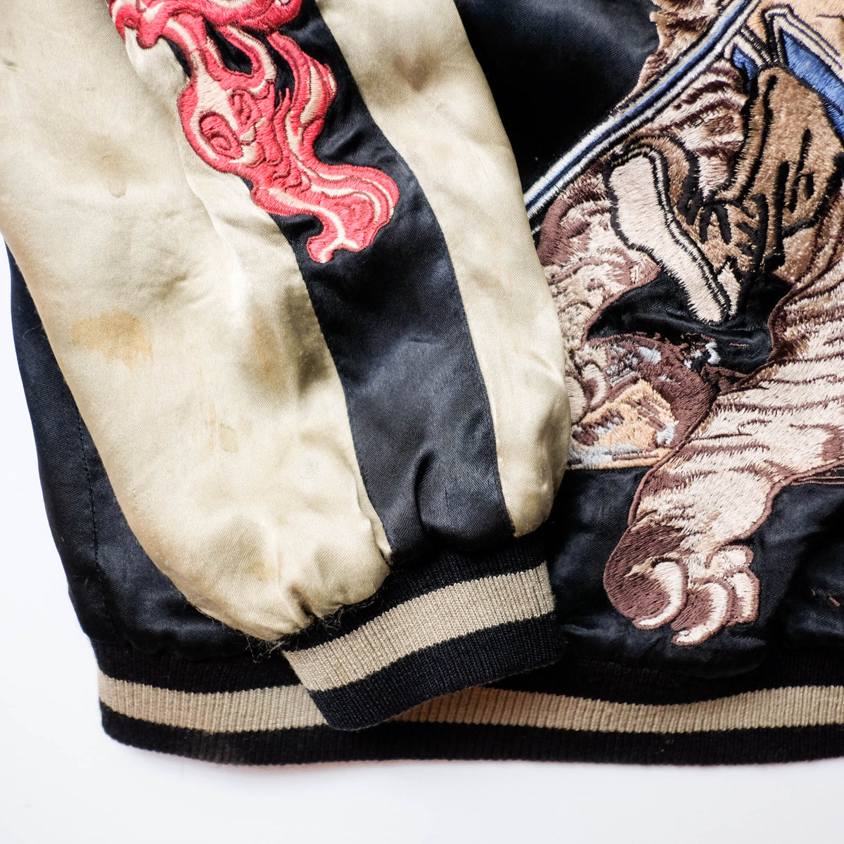 Shōki Demon Slayer & Flaming Tiger Reversible Sukajan Jacket Size L | Japanese Embroidered Souvenir Bomber
