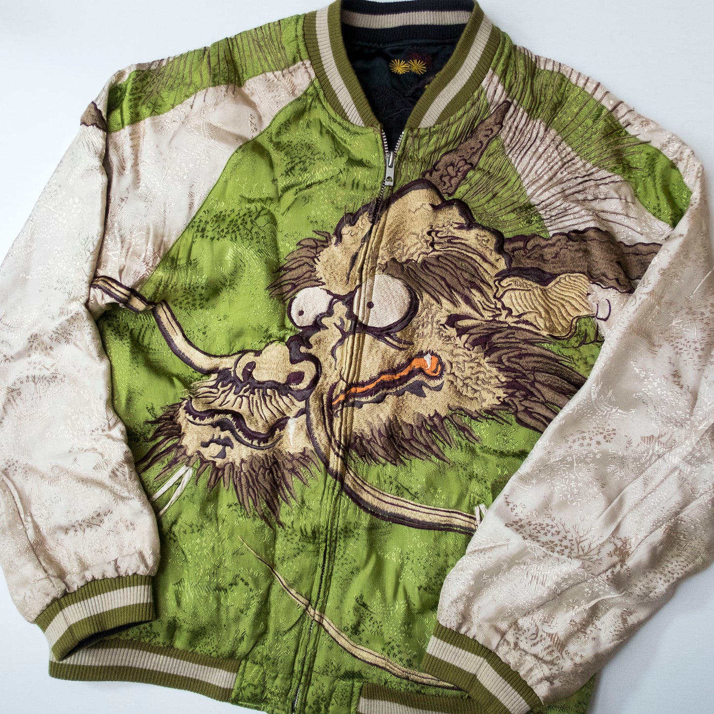 Samurai Ukiyo-e Dragon Reversible Sukajan Jacket Size L | Japanese Nihonga Inspired Souvenir Bomber