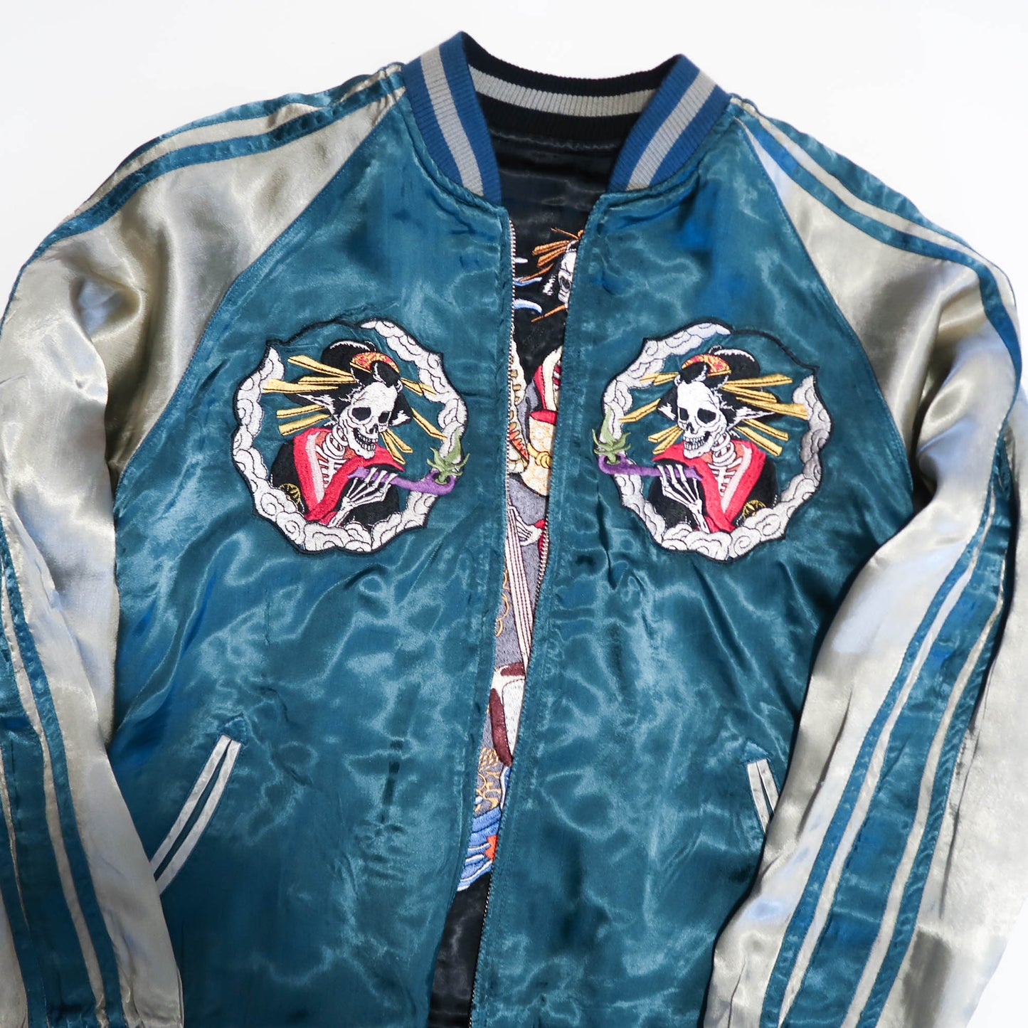 Skeleton Geisha Shamisen Sukajan Jacket | Japanese Punk Rockabilly Embroidered Souvenir Bomber Jacket