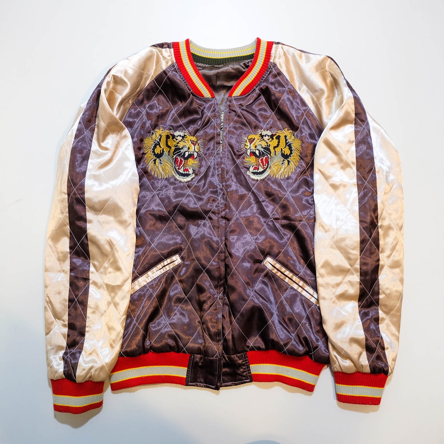 Brown Tiger × Dragon Embroidered Sukajan Jacket Japanese Souvenir Bomber Jacket M-L | Vintage Yokosuka Style Streetwear Wearable Art