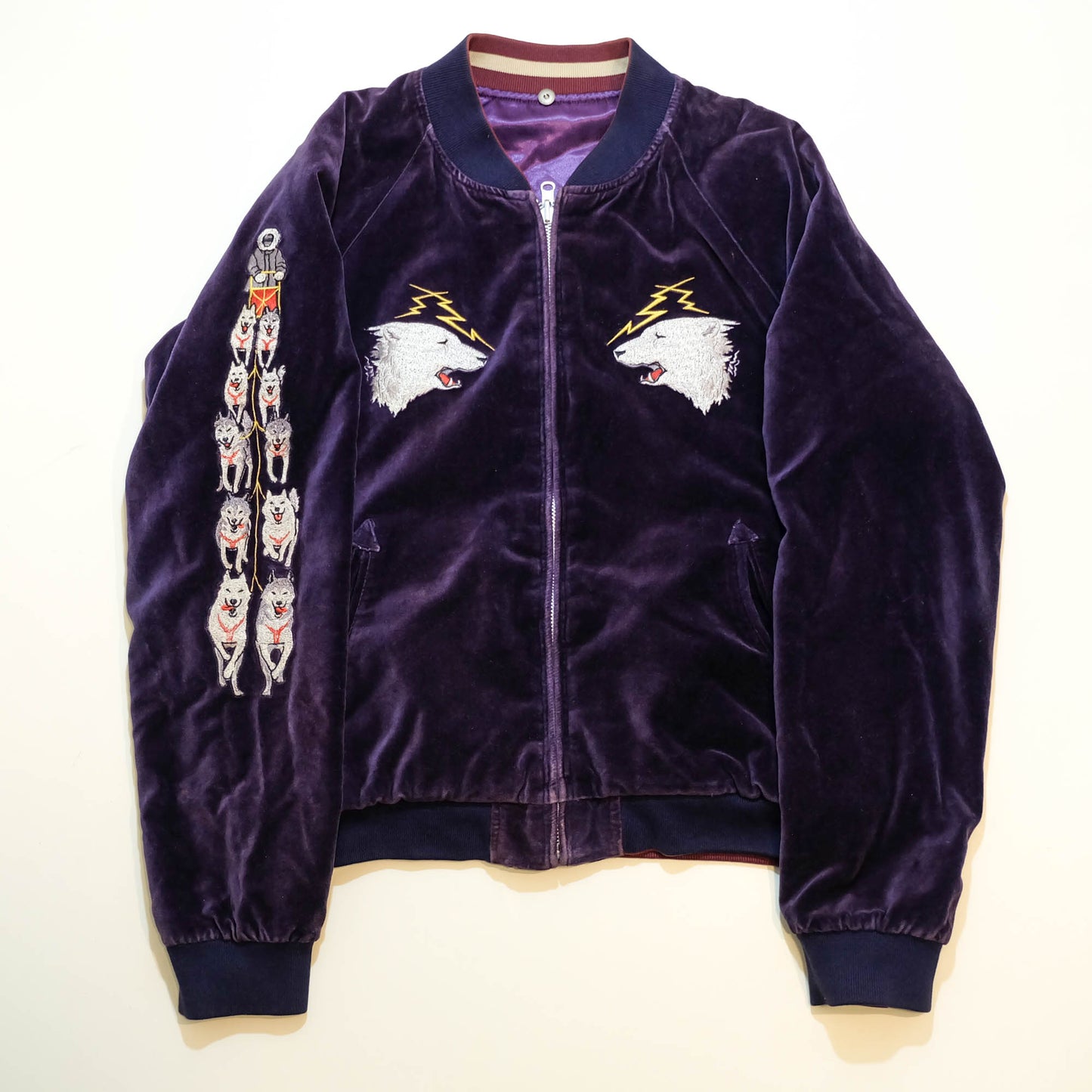 PPFM Peyton’s Place for Men Vintage Velvet Sukajan Jacket | Japanese Hinomaru Eagle Wolf Embroidery Souvenir Bomber Jacket Purple Size M-L